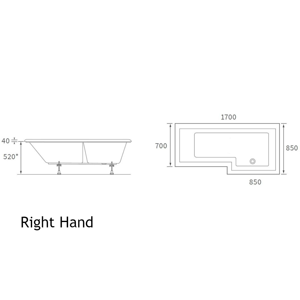 Hook L Shape 1700mm Shower Bath with Brushed Brass Screen