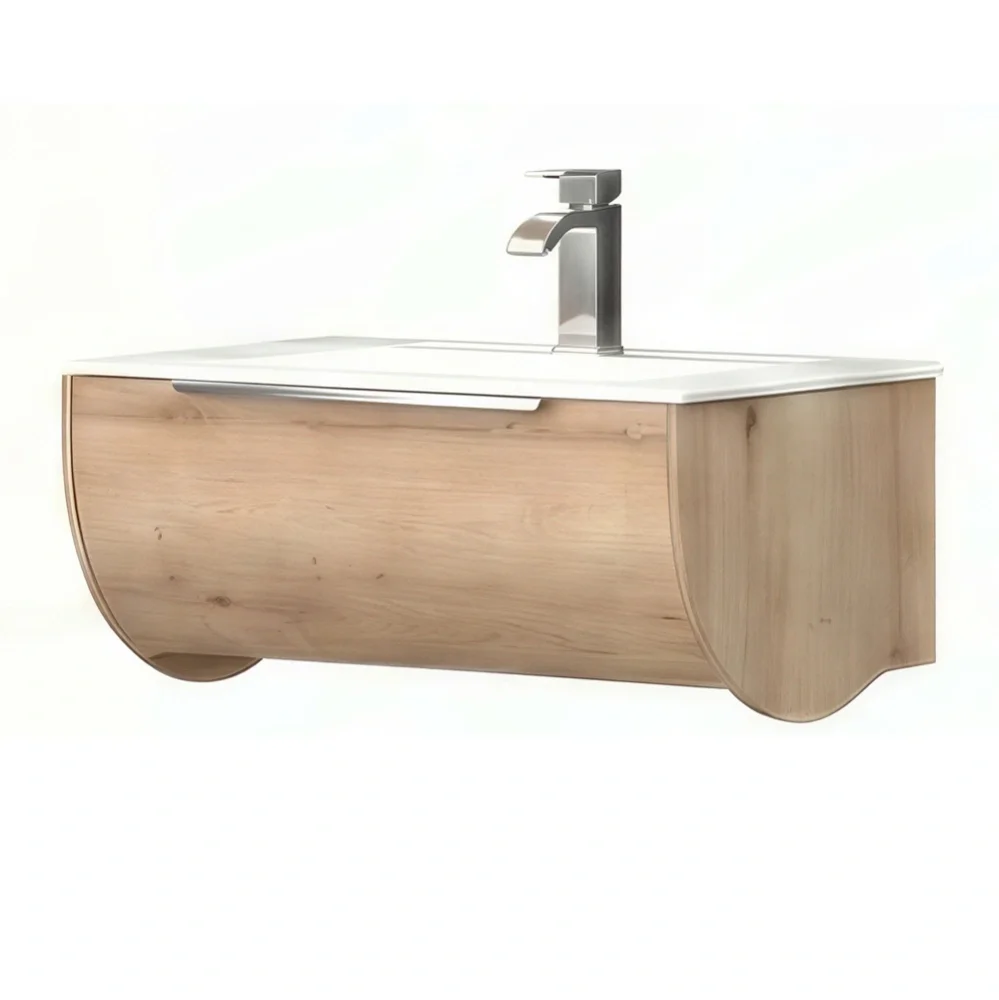 Icarus Round LED 600mm Natural Oak Wall Hung Vanity Unit & Basin