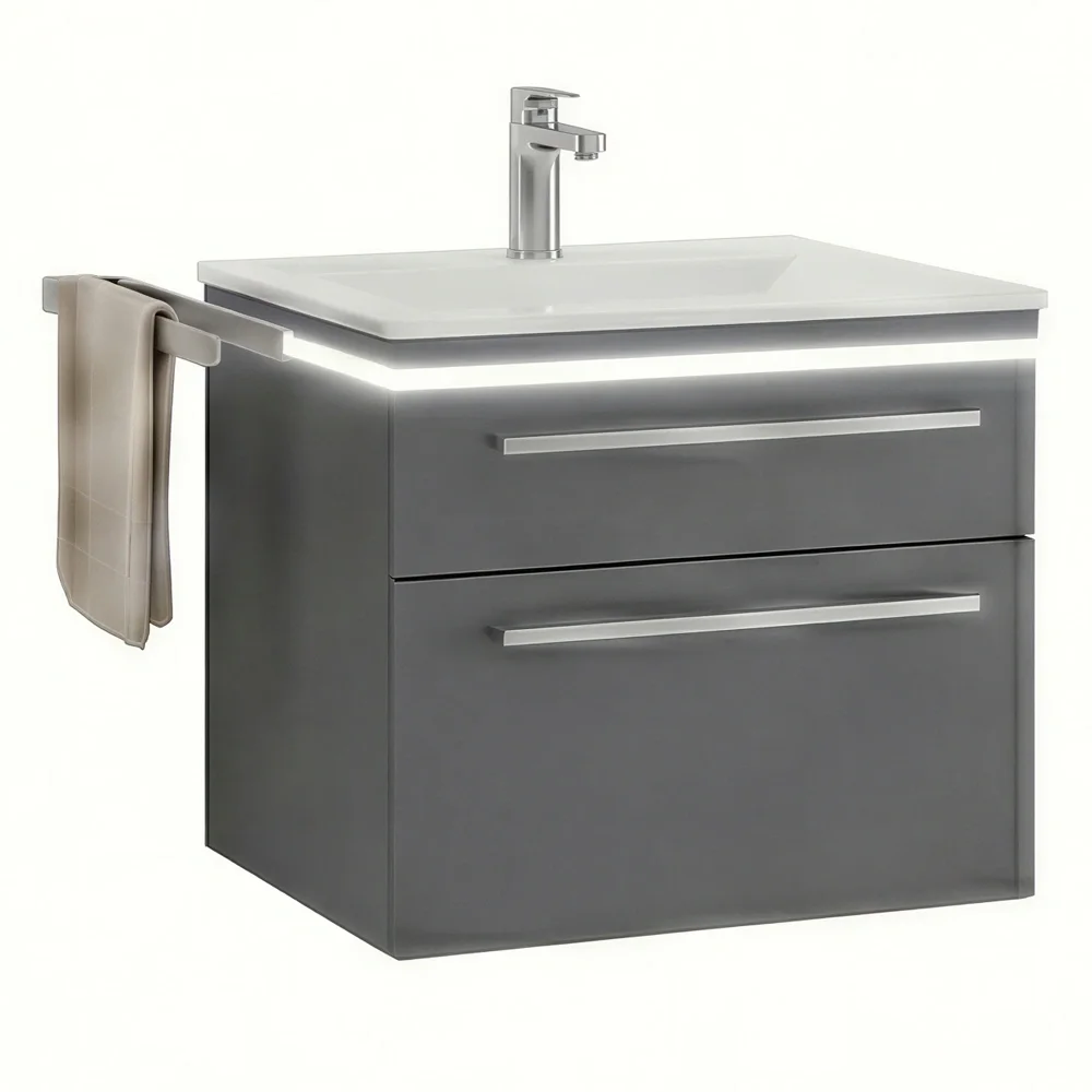 Icarus Straight LED 600 Matt Quartz Grey Wall Hung Bathroom Vanity Unit & Basin