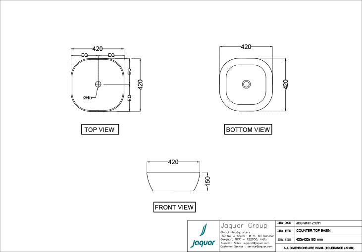 Jaquar Designer Square Countertop Basin - 420mm - JDS-WHT-25911