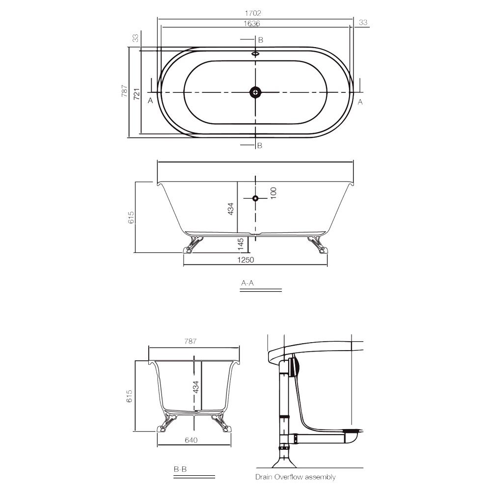 Jaquar Queens 1702mm Traditional Freestanding Bath with Gold Leg Set