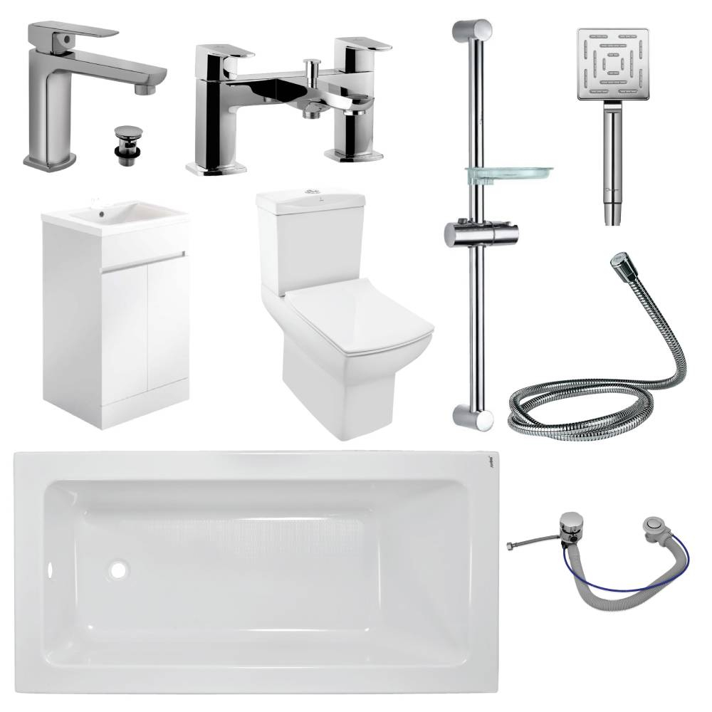 Jaquar Kubix Complete Bathroom Suite In Chrome including Gloss White Vanity Unit & 1700mm Bath