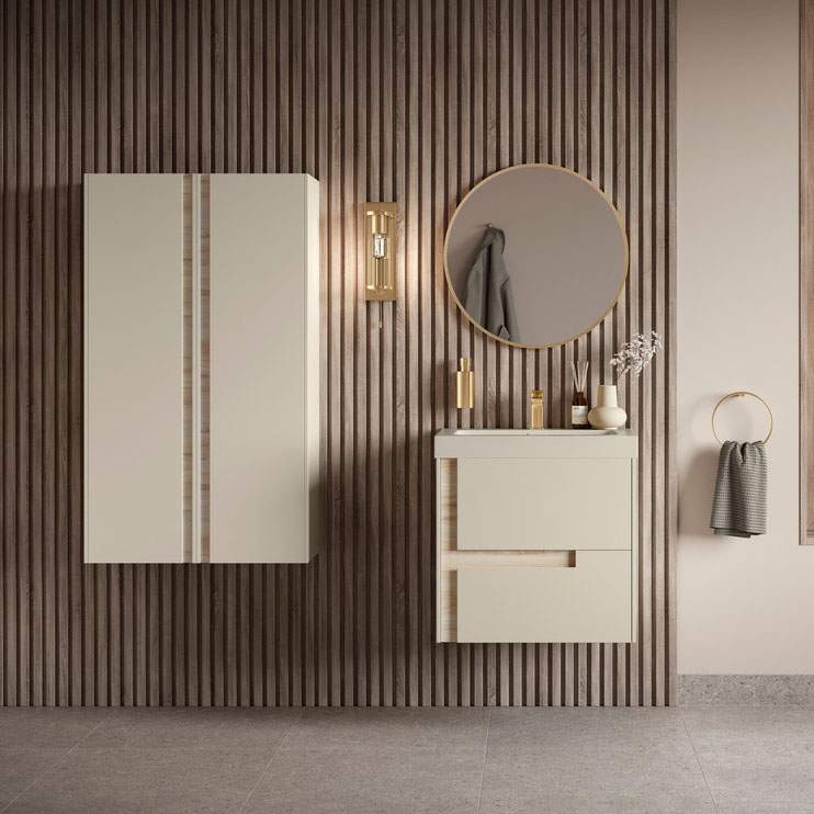Jux Wall Hung 605mm Matt Cotton and Oak Effect 2 Drawer Vanity Unit