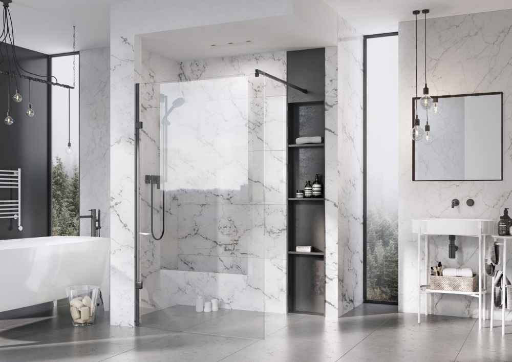 Roman Liberty 1157mm Matt Black Wetroom Panel with Clear Glass Corner