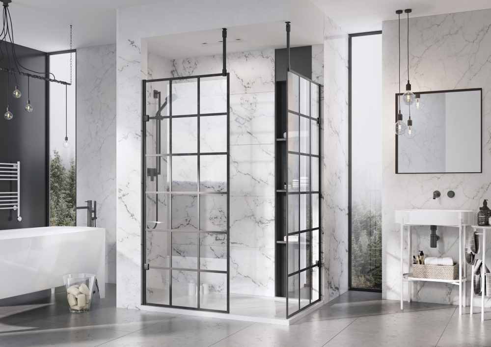 Roman Liberty Matt Black Grid Wetroom Panel - 857mm