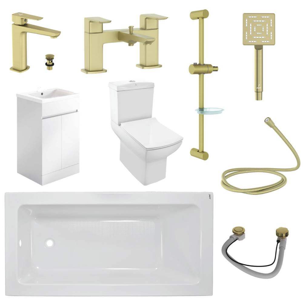 Jaquar Kubix Complete Bathroom Suite In Matt Brass including Gloss White Vanity Unit & 1700mm Bath