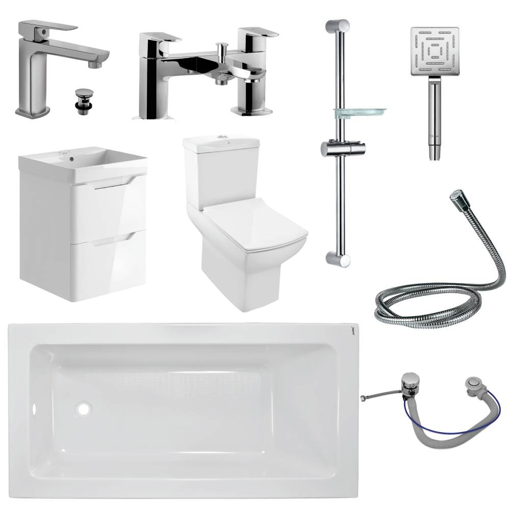 Jaquar Kubix Complete Bathroom Suite In Chrome Including Gloss White Wall Hung Vanity Unit & 1700mm Bath