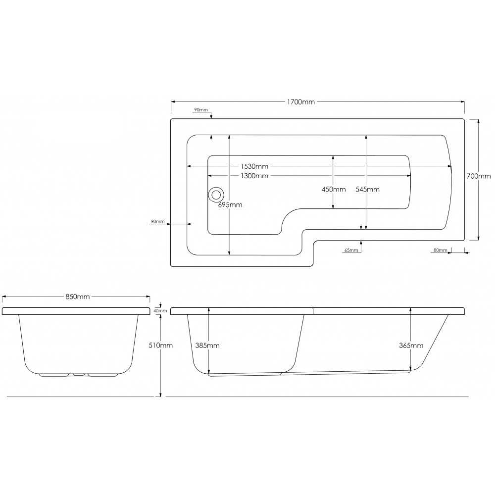 Sommer L Shaped Square Shower Bath 1700 x 850/700mm - Left Handed, SOB71