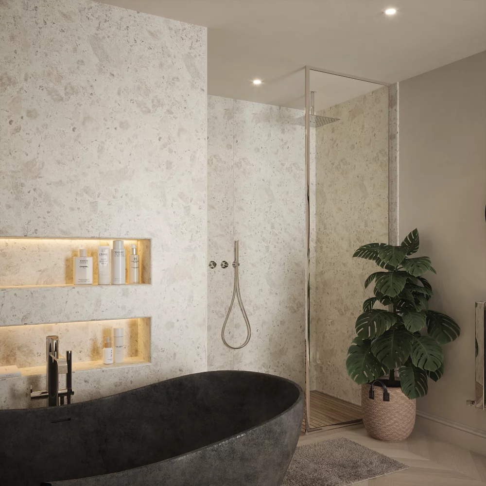 Nuance Light Terrazzo Waterproof Shower Panel by Bushboard