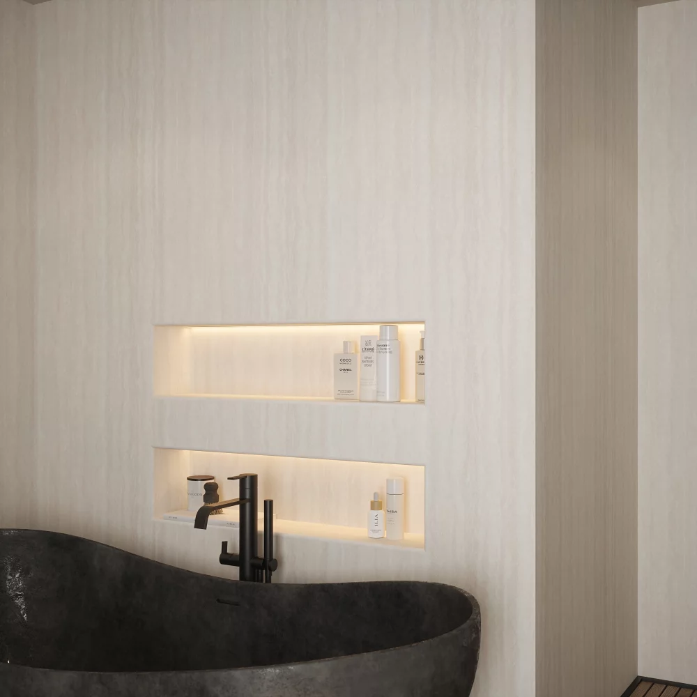 Nuance Light Travertine Waterproof Shower Panel by Bushboard