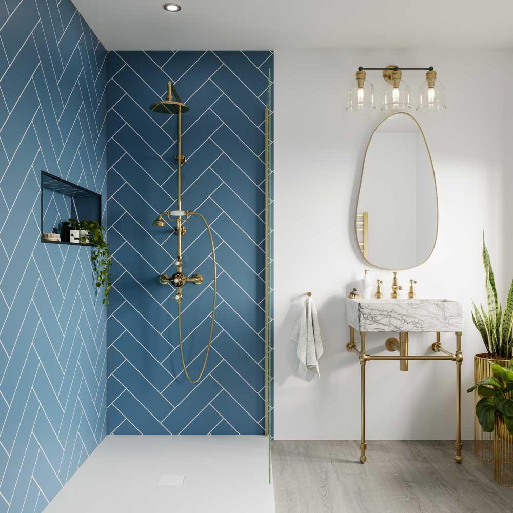 Multipanel Misty Blue Herringbone Tile Effect Shower Board