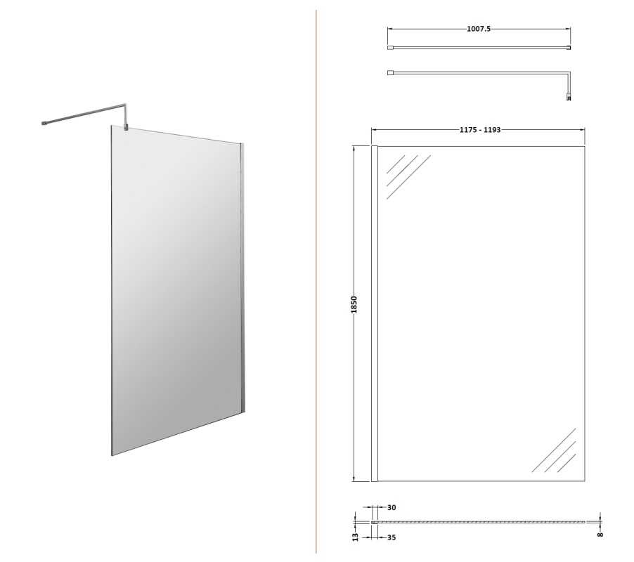 Nuie 1200mm Wetroom Screen & Support Bar