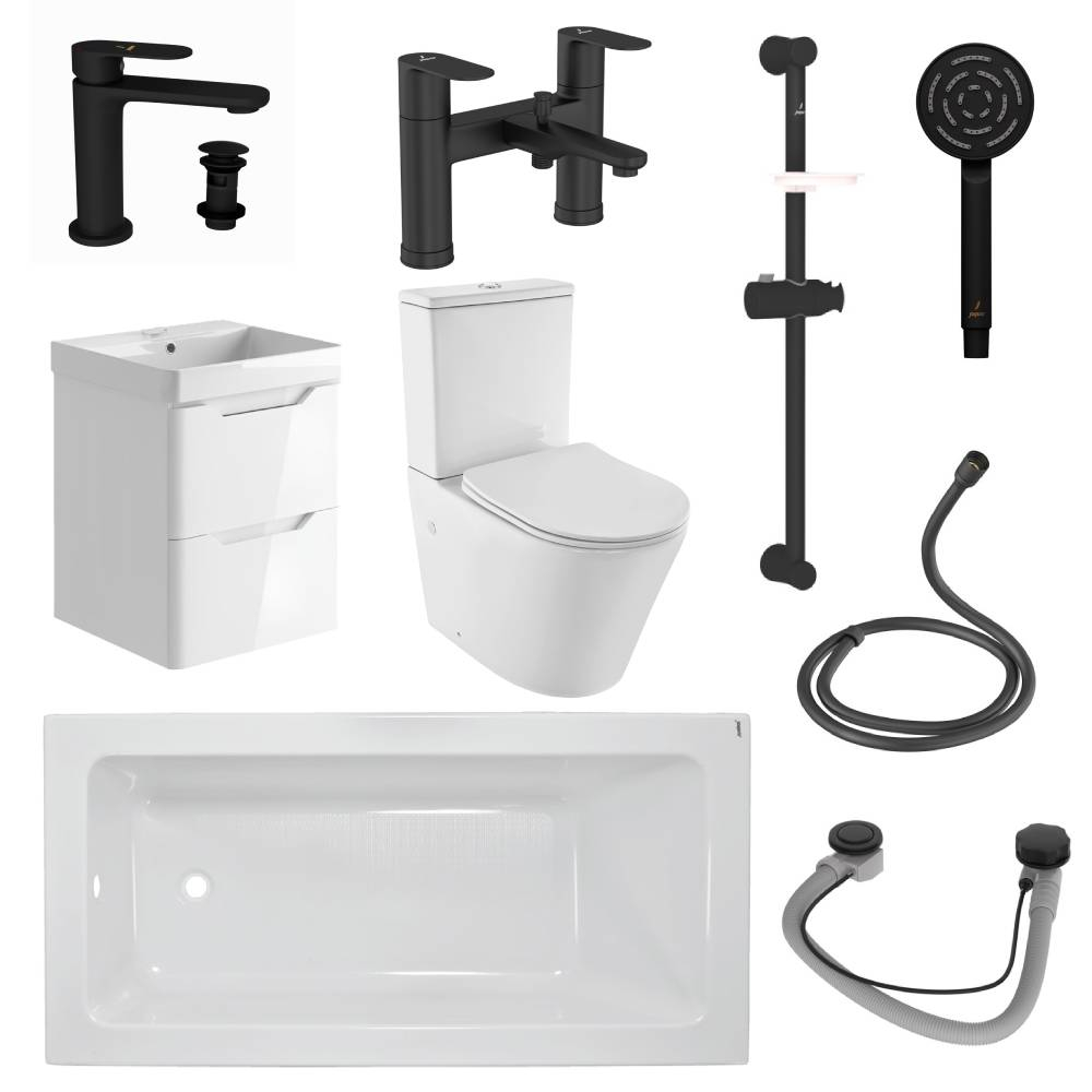Jaquar Opal Prime Complete Bathroom Suite In Matt Black 1700mm Bath & Wall Hung Vanity Unit 