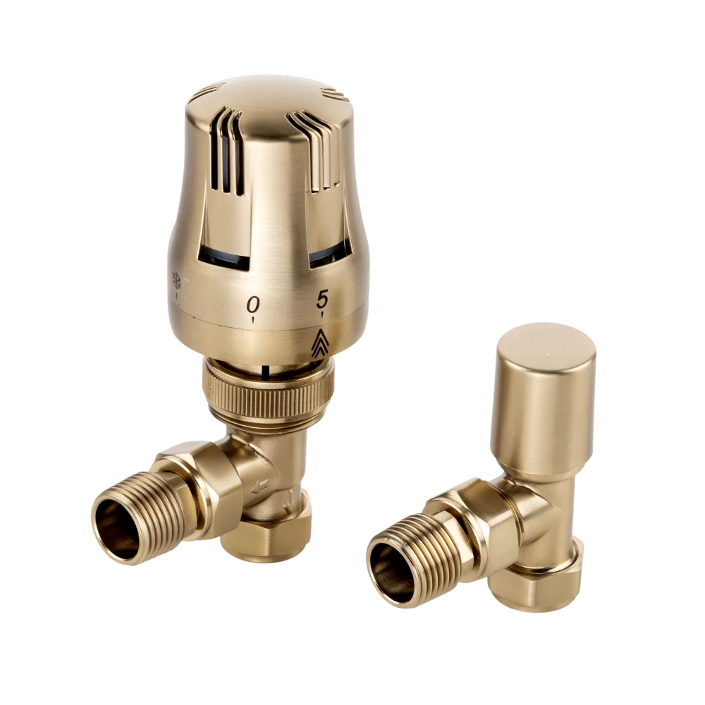 ECO Brushed Brass Angled TRV Thermostatic Radiator Valve & Lock Shield