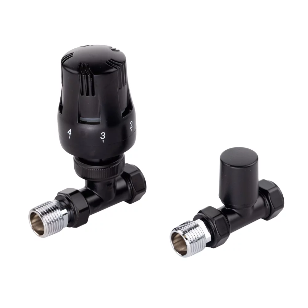 ECO Satin Black Straight TRV Thermostatic Radiator Valve & Lock Shield