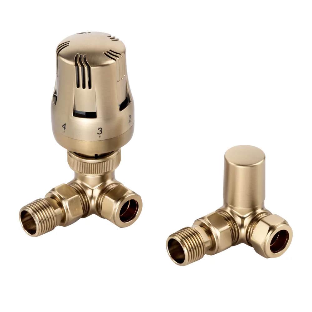 ECO Brushed Brass Corner TRV Thermostatic Radiator Valve & Lock Shield