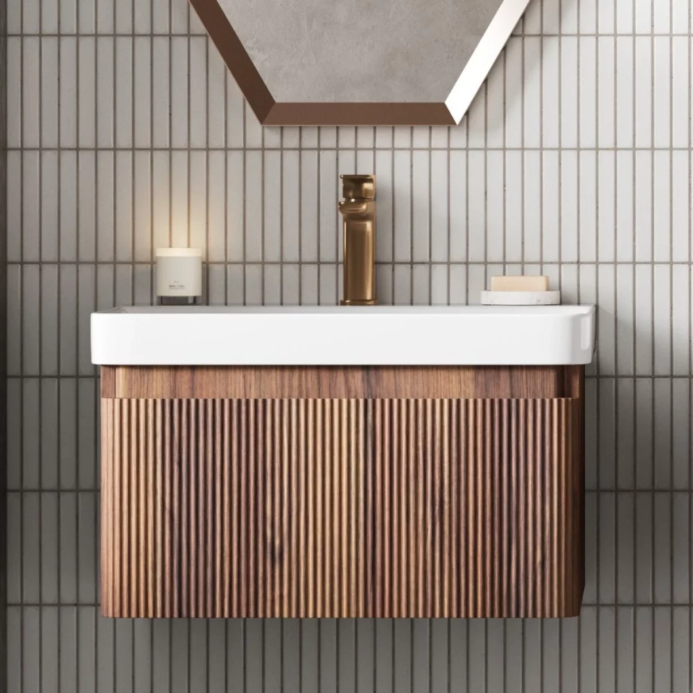 Ancona 605mm Textured Walnut 1 Drawer Wall Hung Vanity Unit with Basin