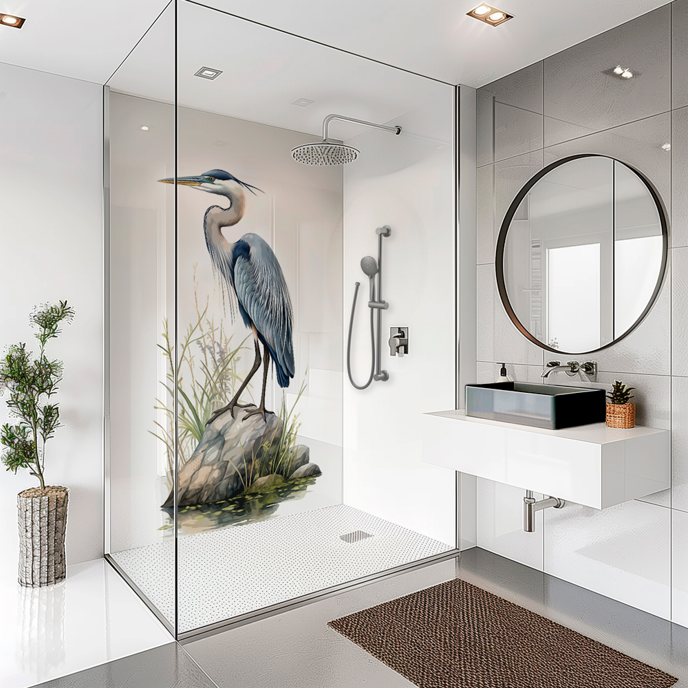 SplashBax Acrylic Shower Panel Blue Crane Bird