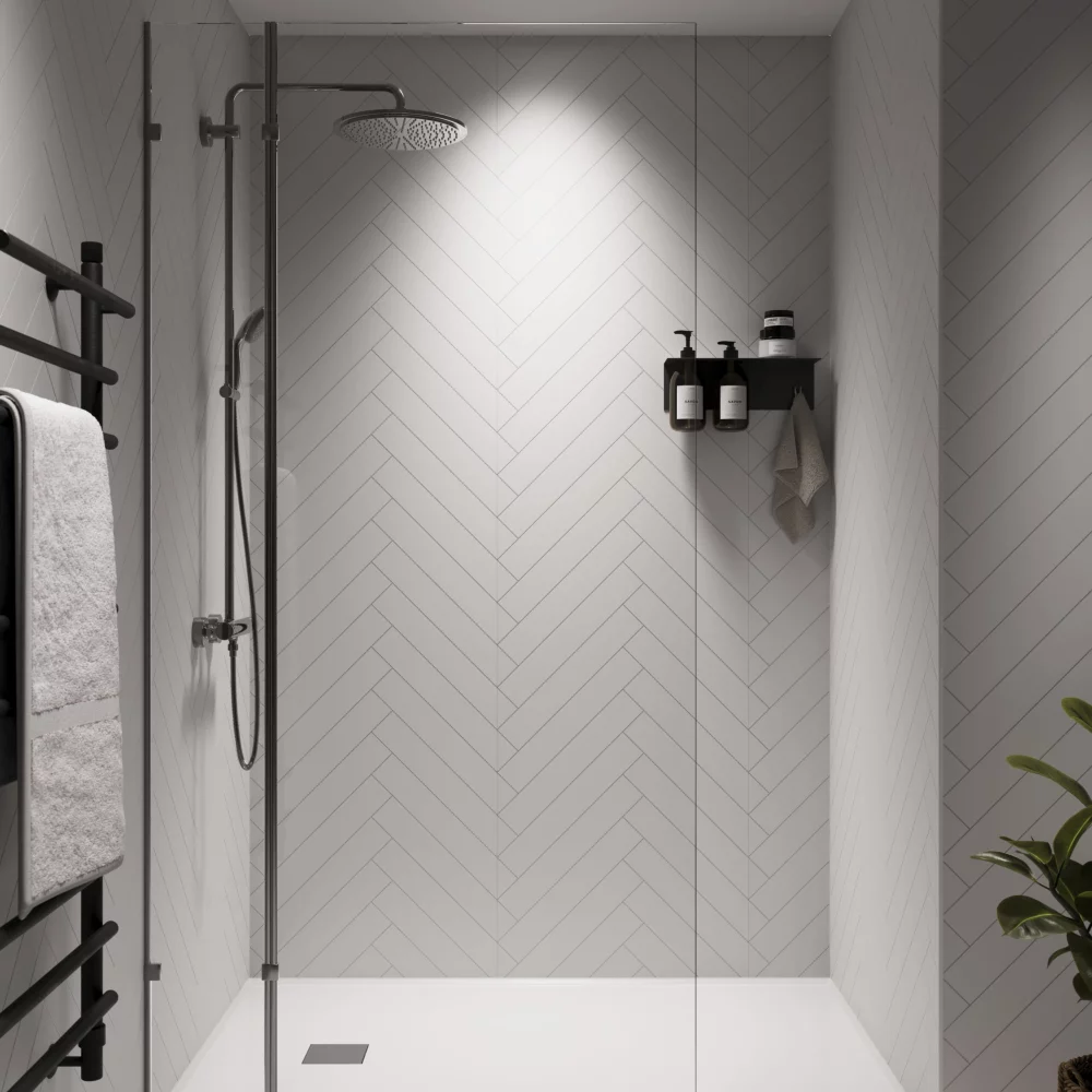 Snow White Herringbone Tile Showerwall Laminate Panels