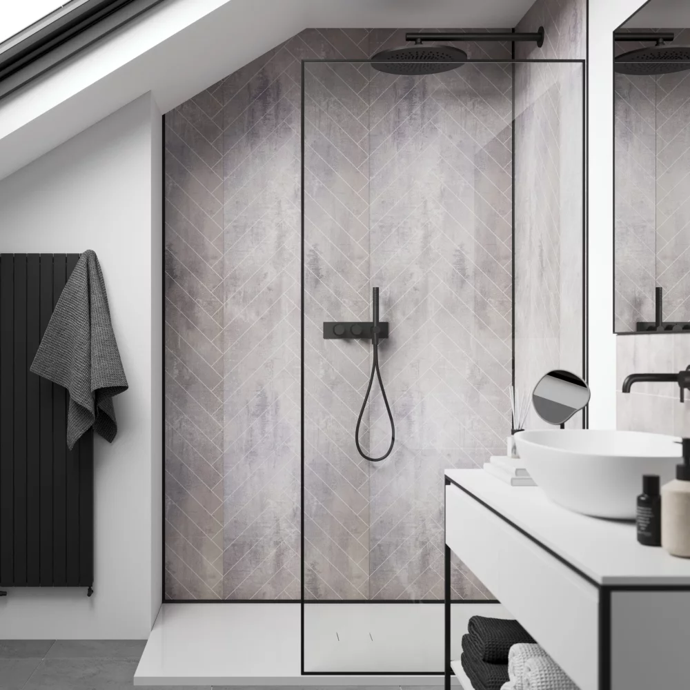 Cement Herringbone Tile Showerwall Laminate Panels