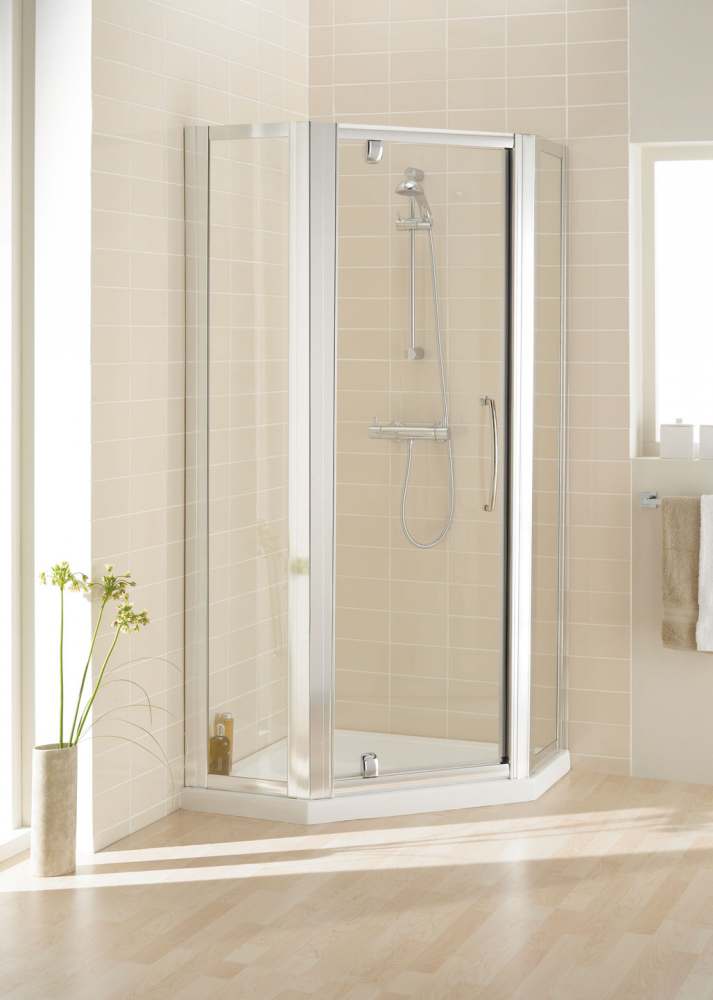 900mm Semi Frameless Pentagon Pivot Door with Side Panels - White - Pentangle Enclosure - Lakes - Classic