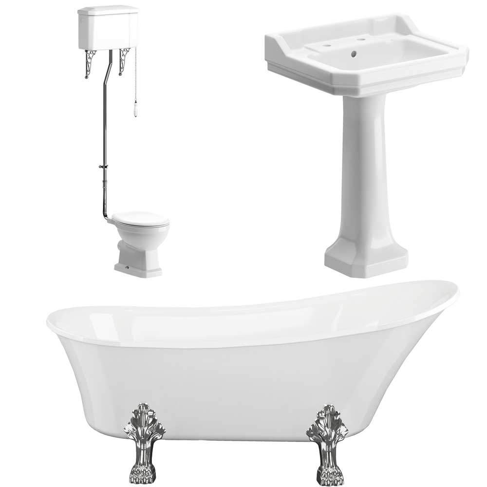 Shetland Traditional Bathroom Suite, Basin, High Toilet & Freestanding Bath 1620mm