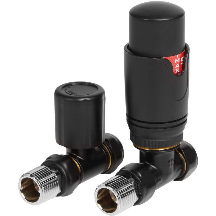 Straight Round Thermostatic Radiator Valves - Matt Black 