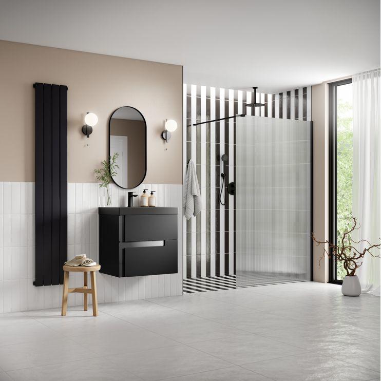 Supreme 800mm Fluted Wetroom Panel & Support Bar - Black