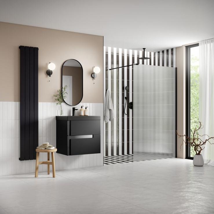 Supreme 1000mm Fluted Wetroom Panel & Support Bar - Black