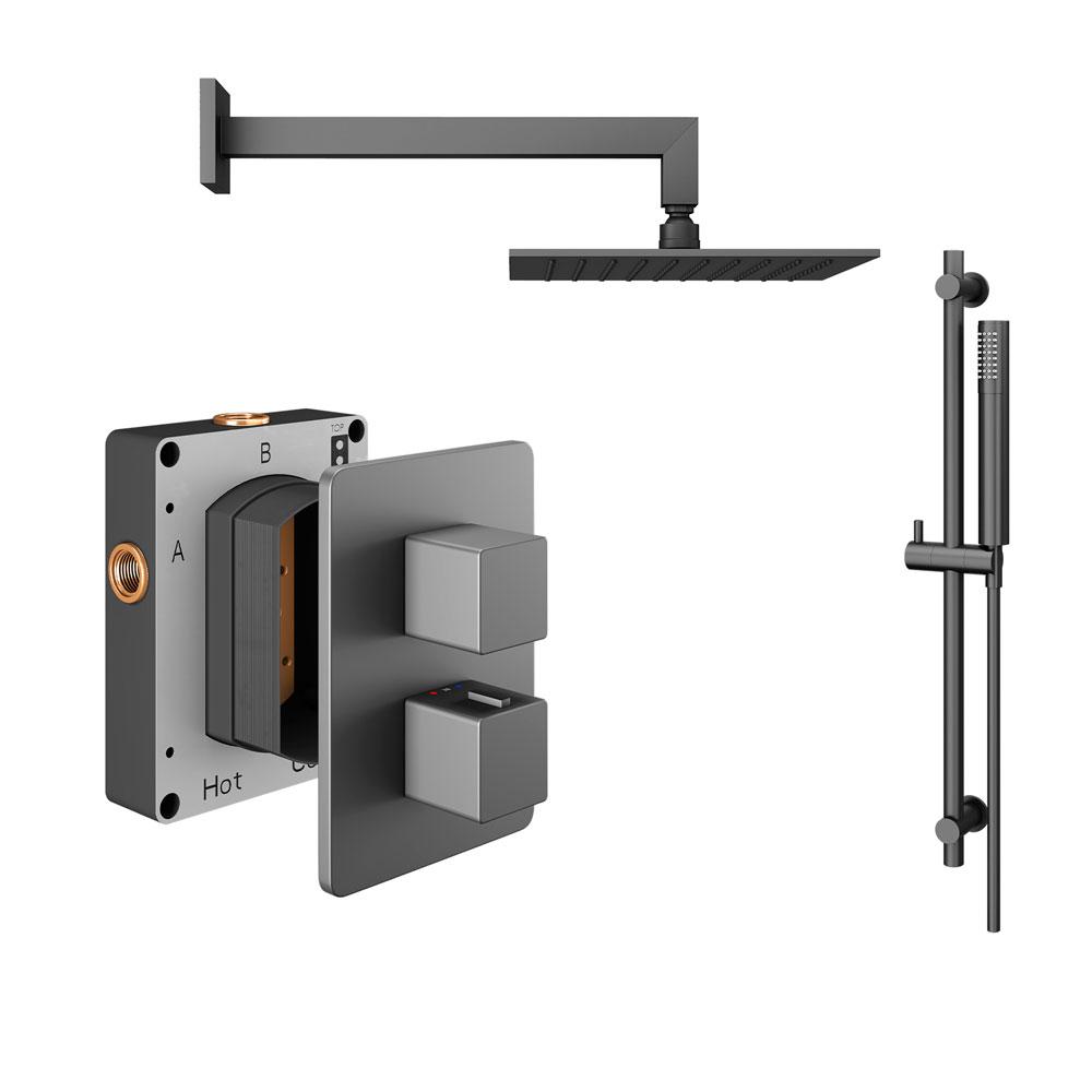 Abacus Shower Pack 2 Square Fixed Shower Head With Riser And Handset - Matt Anthracite