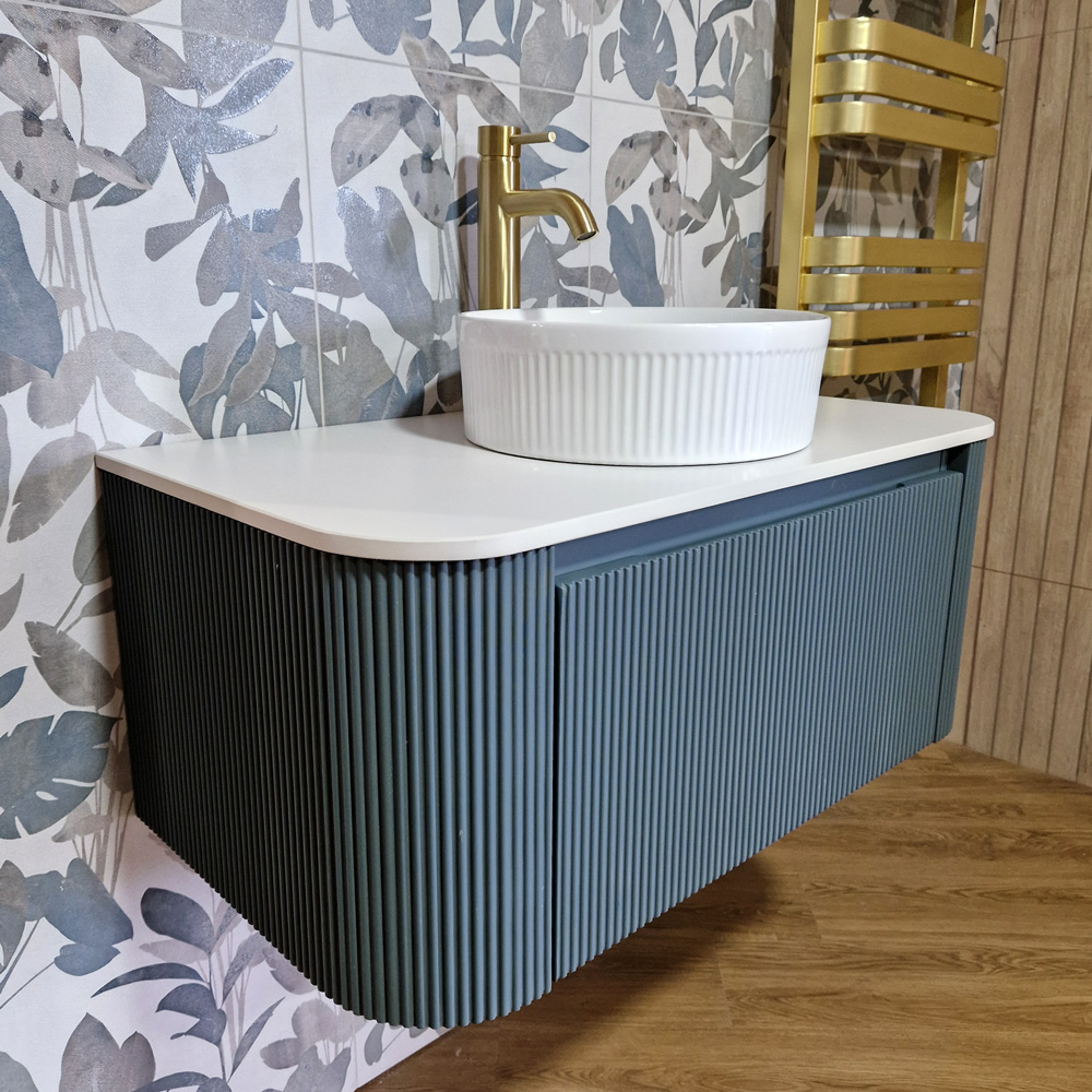 Flauto Curve Smoked Sage Fluted 870mm Wall Hung Vanity Basin Unit