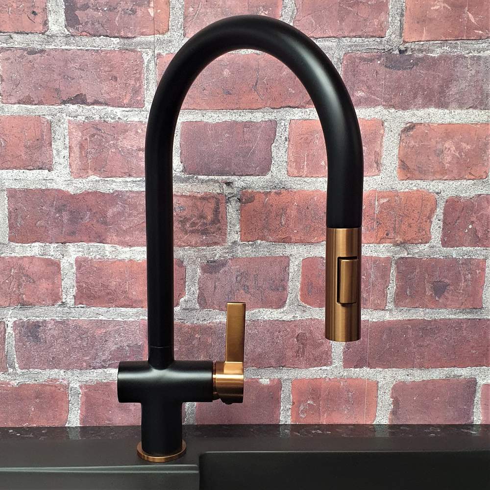 Mayhill Black & Rose Gold / Bronze Single Lever Pull Out Kitchen Tap