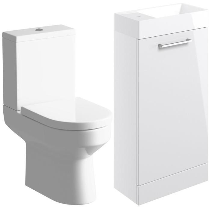 Vouille 410mm White Gloss Floor Standing Basin Unit & Close Coupled Toilet Set