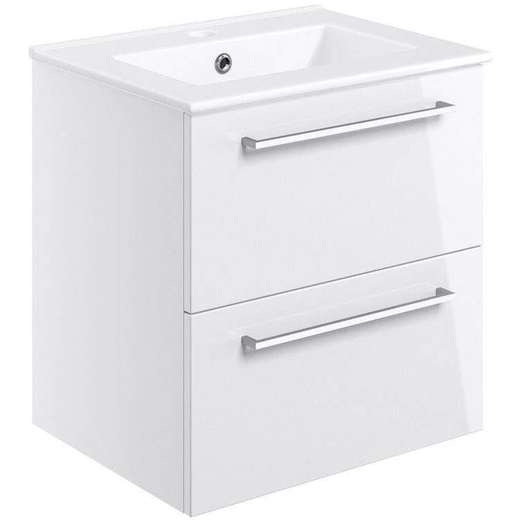 Vouille 510mm White Gloss Wall Hung 2 Drawer Basin Unit & Basin
