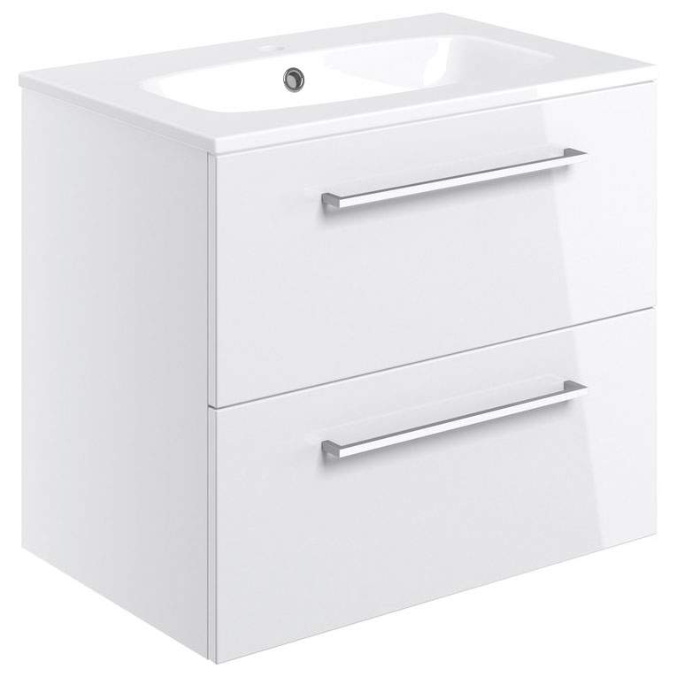 Vouille 610mm White Gloss Wall Hung 2 Drawer Basin Unit & Basin