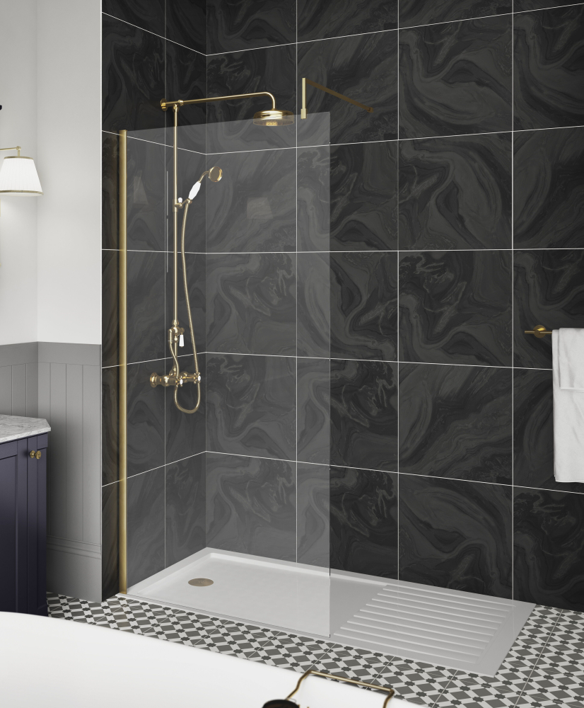 Nuie Brushed Brass 760mm Wetroom Screen With Support Bar and Profile Kit