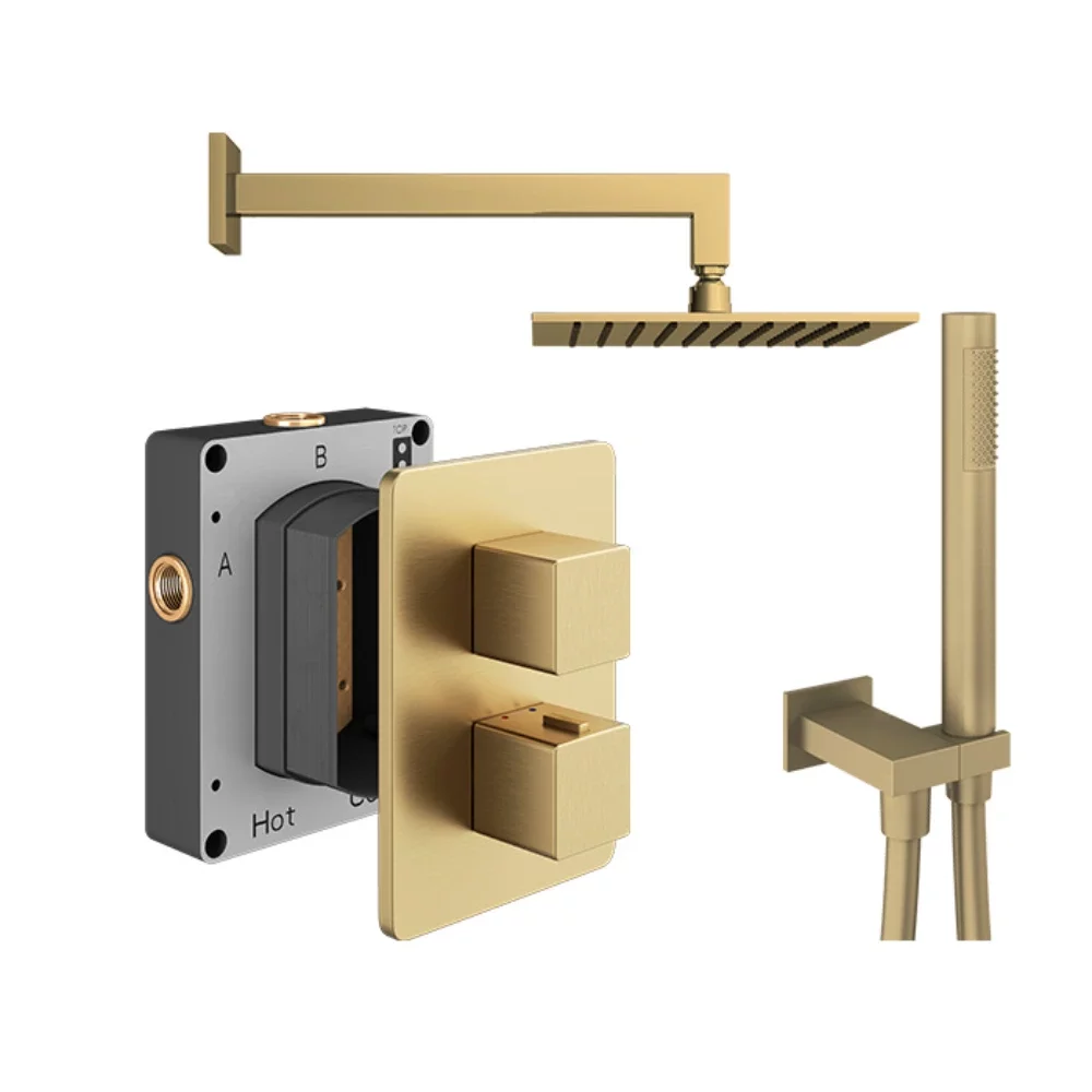 Abacus Shower Pack 3 Brushed Brass Square Fixed Shower Head, Shower Valve and Riser Kit