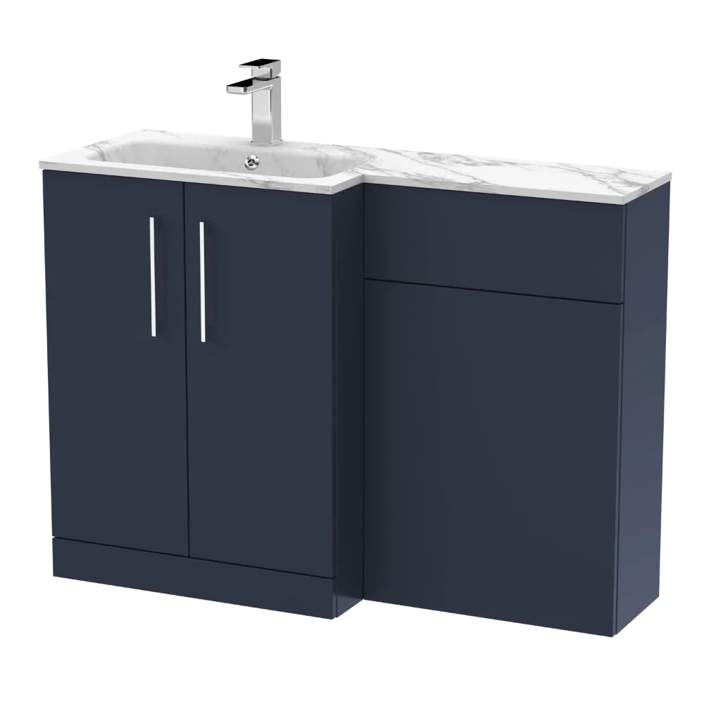 Nuie Arno Midnight Blue 1100mm L Shape Vanity Basin & WC Unit Set With Marble Effect Basin