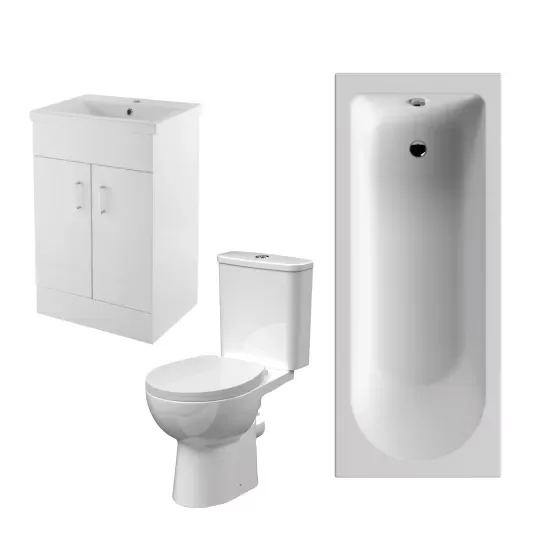 nuie Bathroom Suite with Single Ended Round Back Bath, Basin Vanity Unit and Toilet