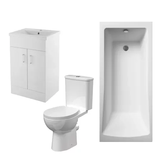 nuie Bathroom Suite with Single Ended Square Back Bath, Basin Vanity Unit and Toilet