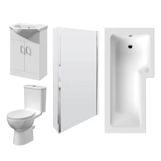 nuie Bathroom Suite with Right Hand Shower Bath, 550 Basin Vanity Unit and Toilet