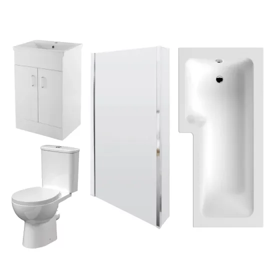 nuie Bathroom Suite with Left Hand Shower Bath, Basin Vanity Unit and Toilet