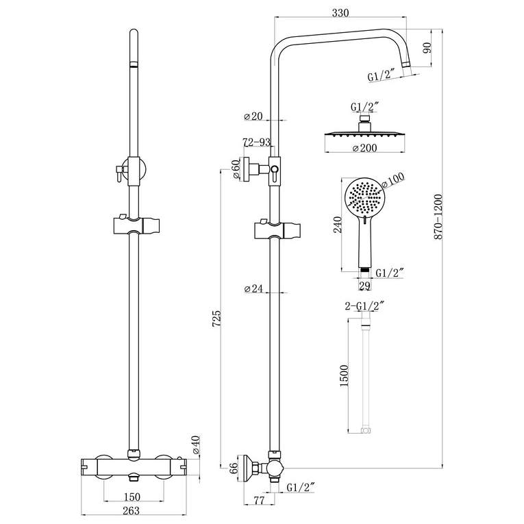 Dual Head Thermostatic Shower in Brushed Brass with Bar Mixer Valve