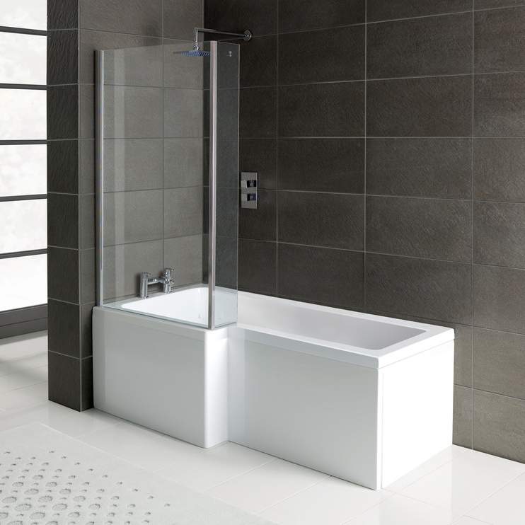 Square L-Shape Shower Bath, Front Panel & Glass Shower Screen 