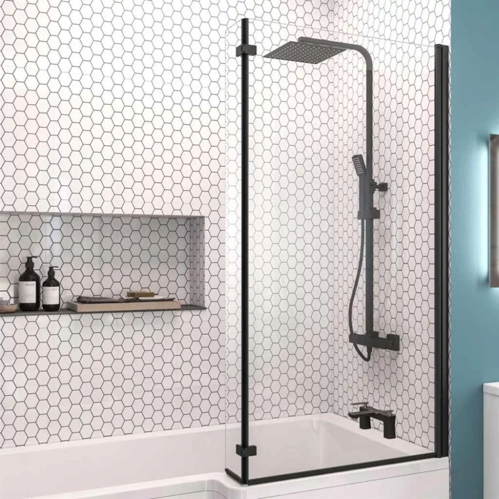 Eastbrook L Shaped Bath Shower Screen Right Hand 1400 x 835mm Matt Black