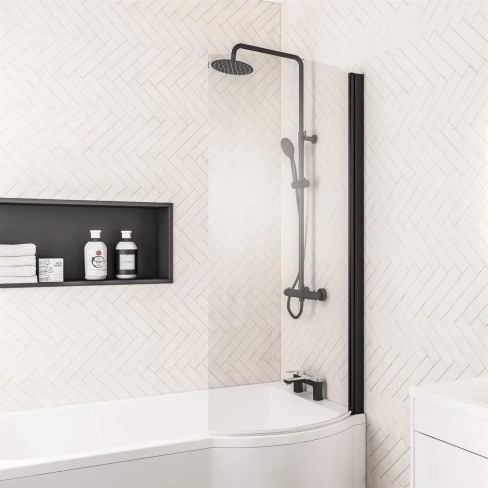 Eastbrook P Shaped Bath Shower Screen Right Hand 1400 x 735mm Matt Black
