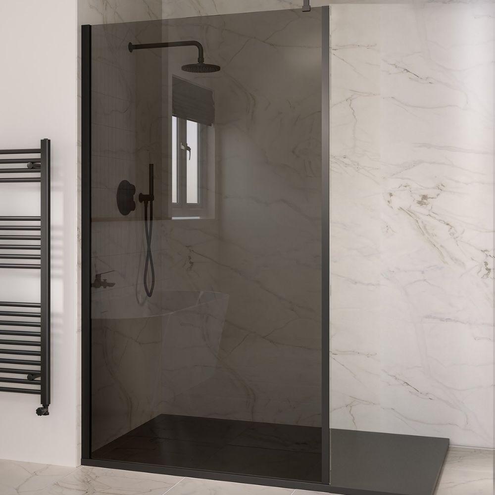 Frontline Bathrooms Prestige2 Matt Black 600mm Smoked Wetroom Shower Screen