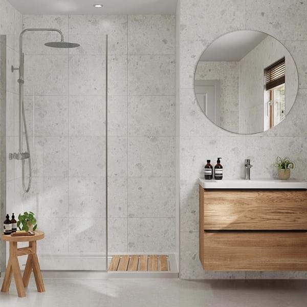 Multipanel White Terrazzo Large Tile Effect Shower Board