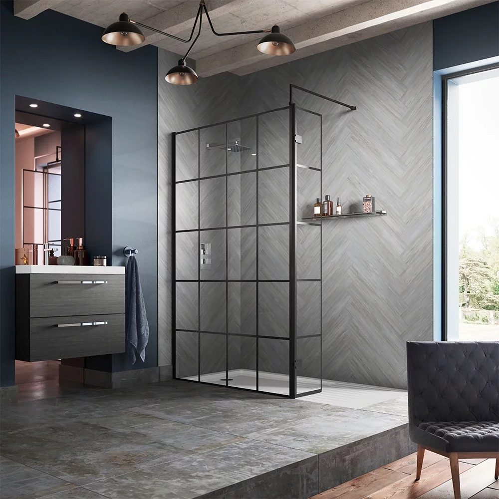 Hudson Reed 1400mm Matt Black Grid Wetroom Shower Screen with Support Bar