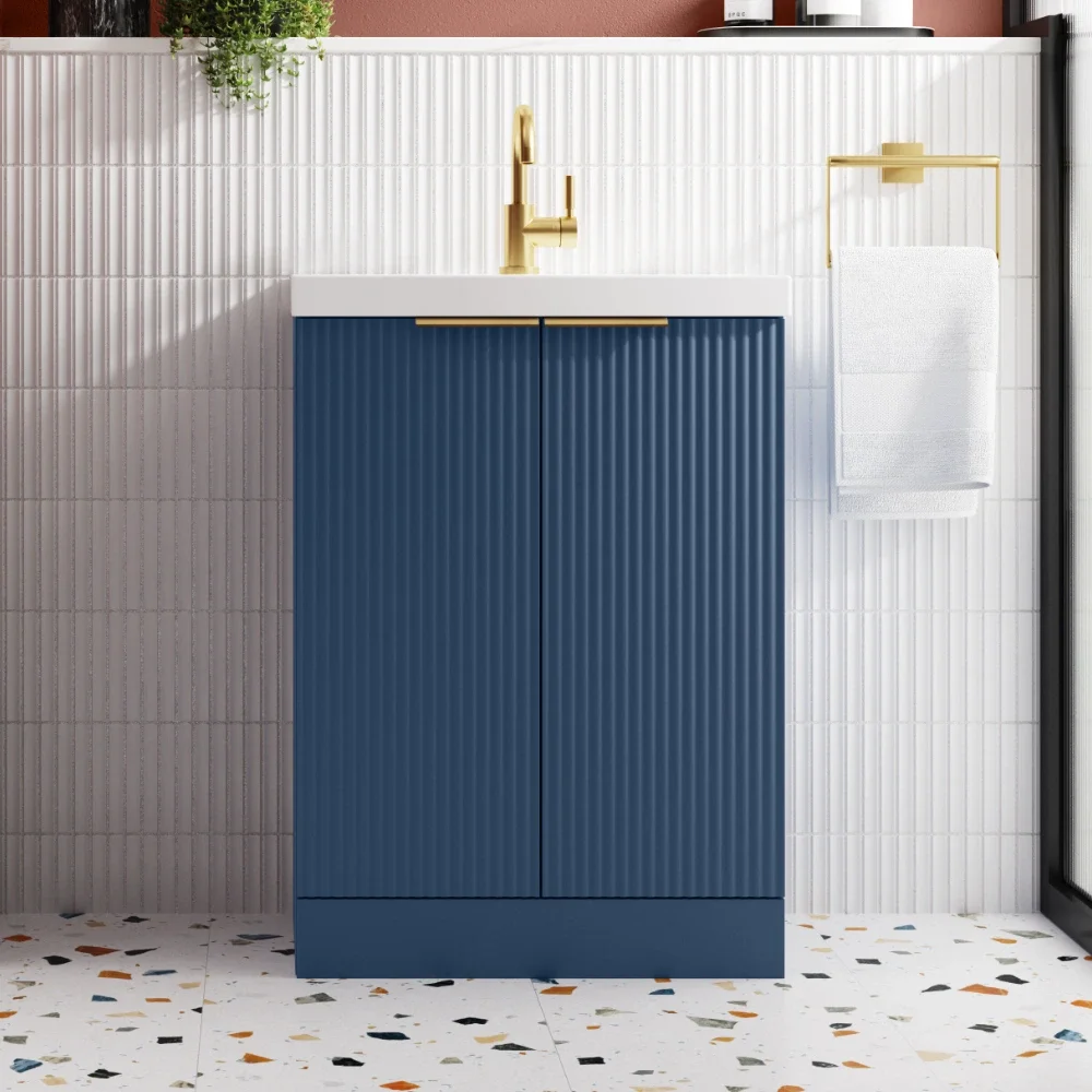 Hudson Reed Fluted 600 Satin Blue Floor Standing Vanity Unit & Basin